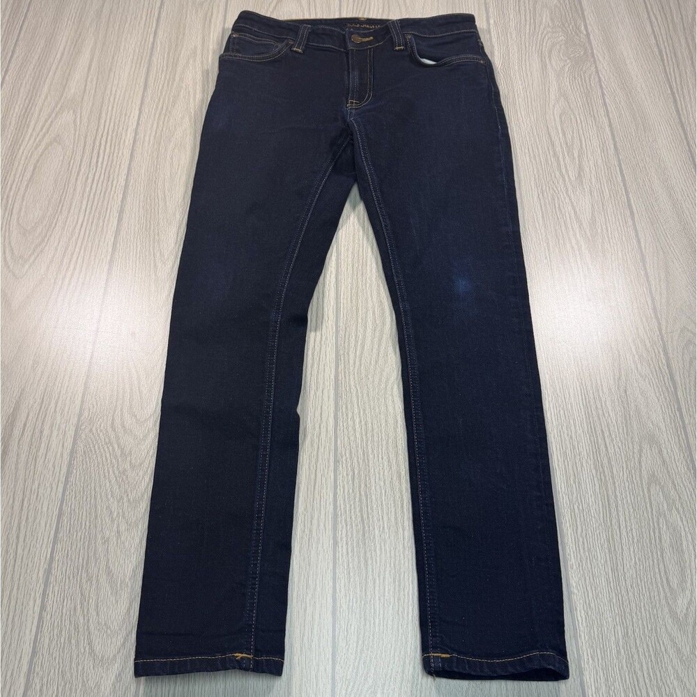Nudie Jeans Co Skinny Lin Men’s 30x30 Dark Wash Dry Deep Orange Stretch EUC